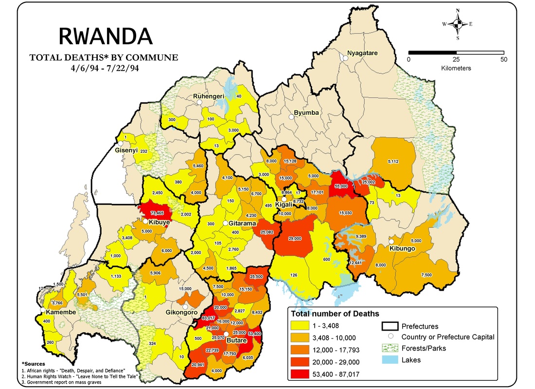 Ludobójstwo w Rwandzie. Łączna liczba ofiar śmiertelnych według gmin (kwiecień-lipiec 1994)