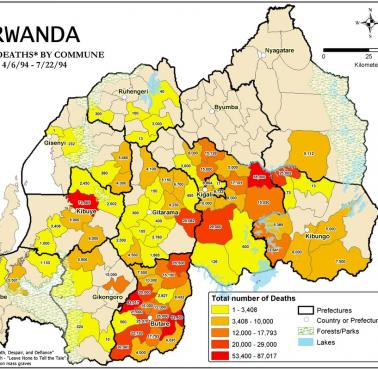 Ludobójstwo w Rwandzie. Łączna liczba ofiar śmiertelnych według gmin (kwiecień-lipiec 1994)