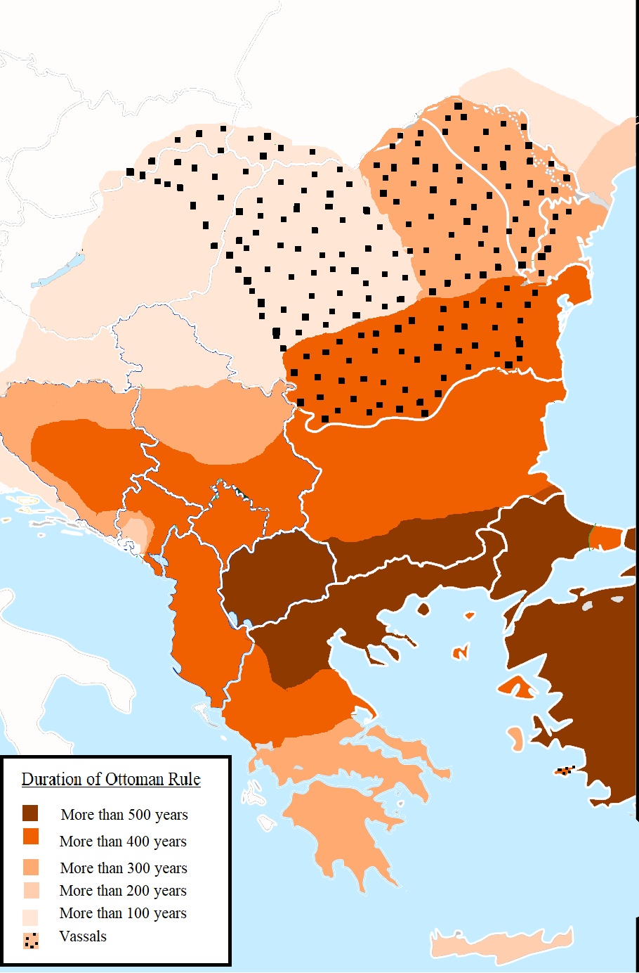 Terytoria pod panowaniem Imperium Osmańskiego (obecna Turcja) w Europie z liczbą lat kiedy były częścią państwa