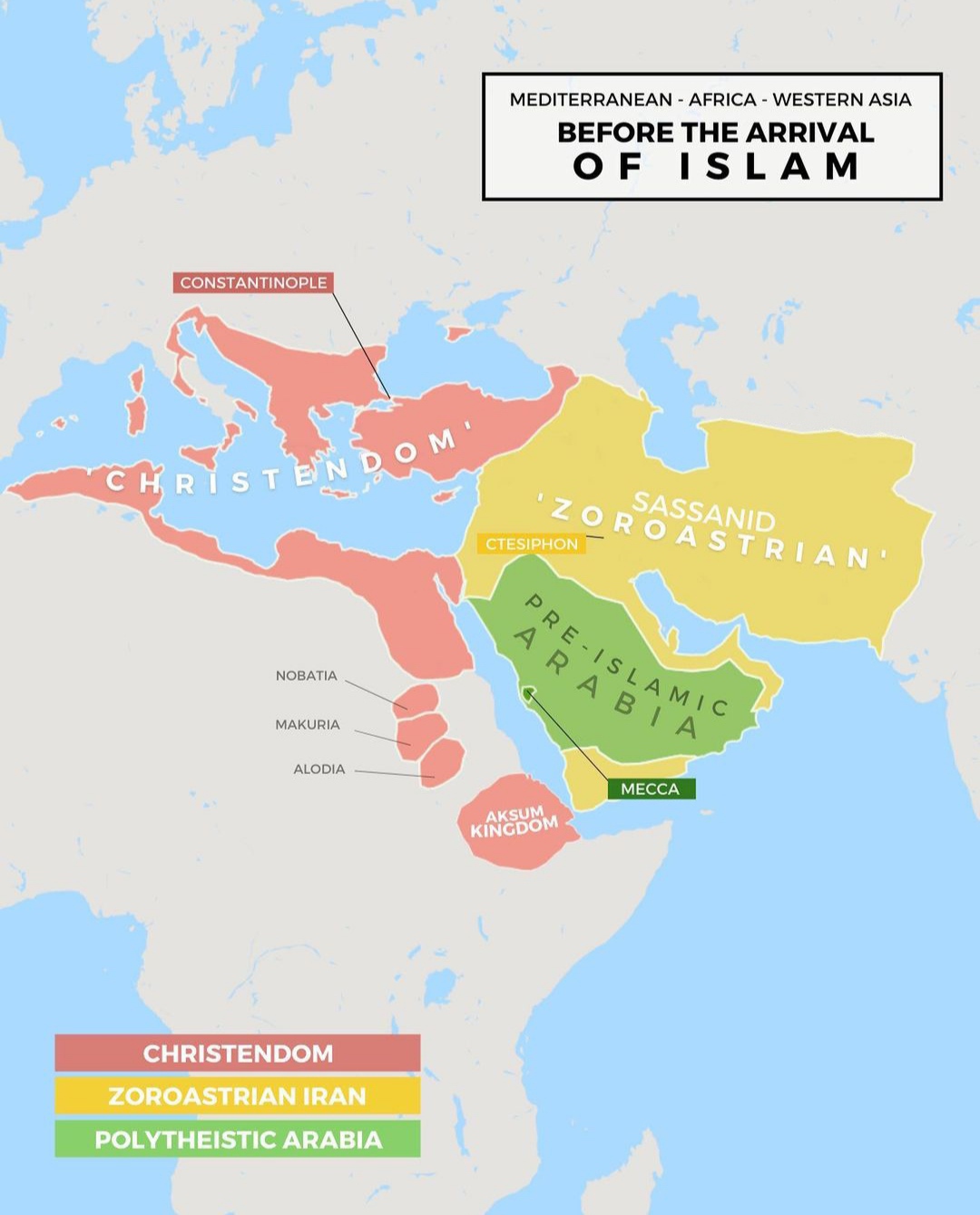 Jak wyglądał Bliski Wschód (dominujące religie i imperia) przed pojawieniem się islamu, 600 rok
