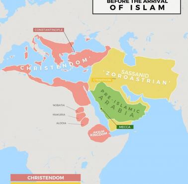 Jak wyglądał Bliski Wschód (dominujące religie i imperia) przed pojawieniem się islamu, 600 rok