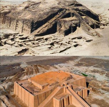 Wielki Ziggurat Ur w Iraku sprzed i po renowacji. Data budowy ok. 4100 lat temu w czasach króla Ur-Nammu