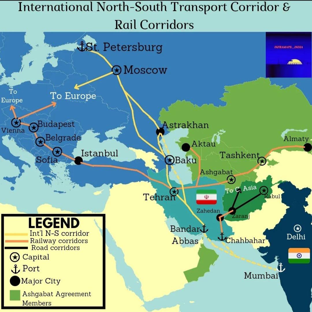 Indyjski Międzynarodowy Korytarz Transportowy Północ-Południe, który ma być konkurencyjny do chińskiego Nowego Jedwabego Szlaku