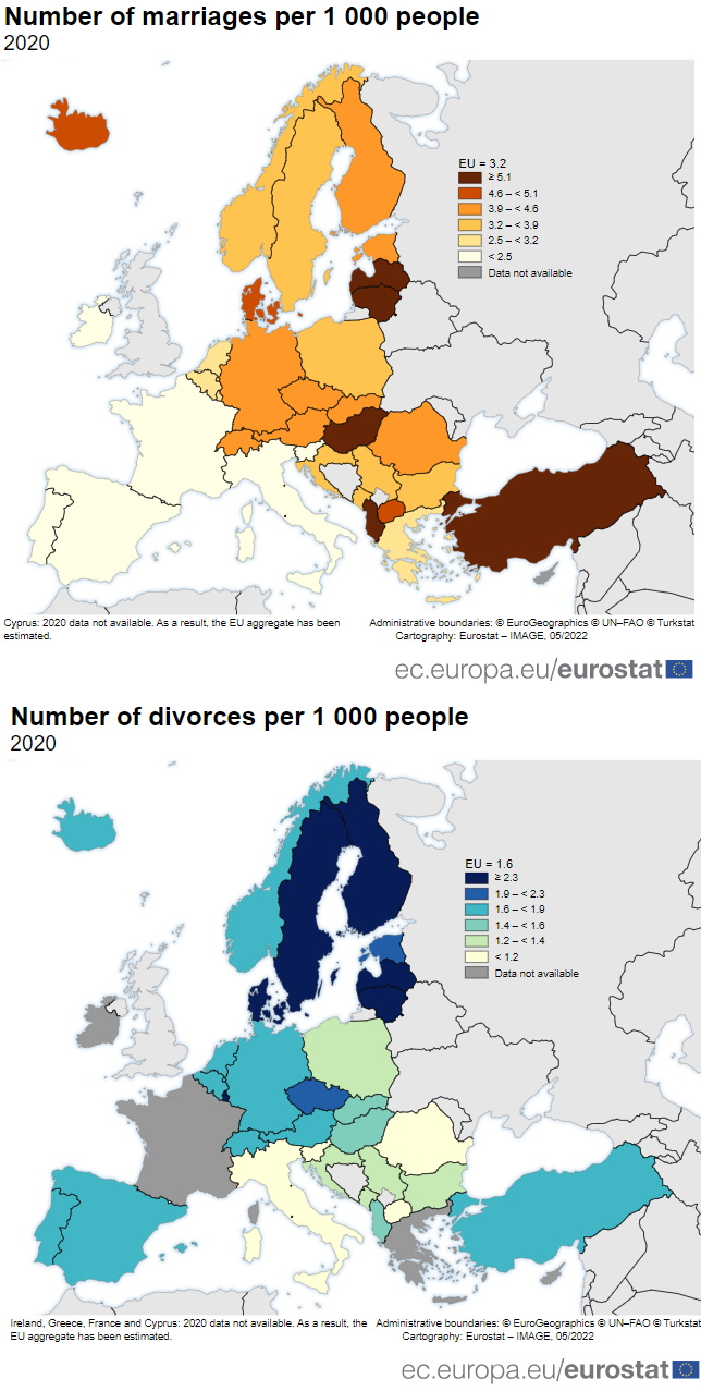 Wskaźniki małżeństw i rozwodów w Europie na 1000 zawartych małżeństw w 2020 roku