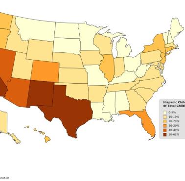 Dzieci latynoskie (poniżej 18 lat) jako odsetek ogółu dzieci w poszczególnych stanach USA, 2020