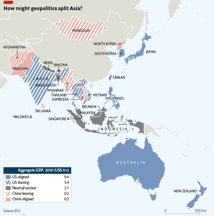 Sojusznicy USA i Chin w Azji i na Pacyfiku, 16.09.2021, EIU (Economist Intelligence Unit)
