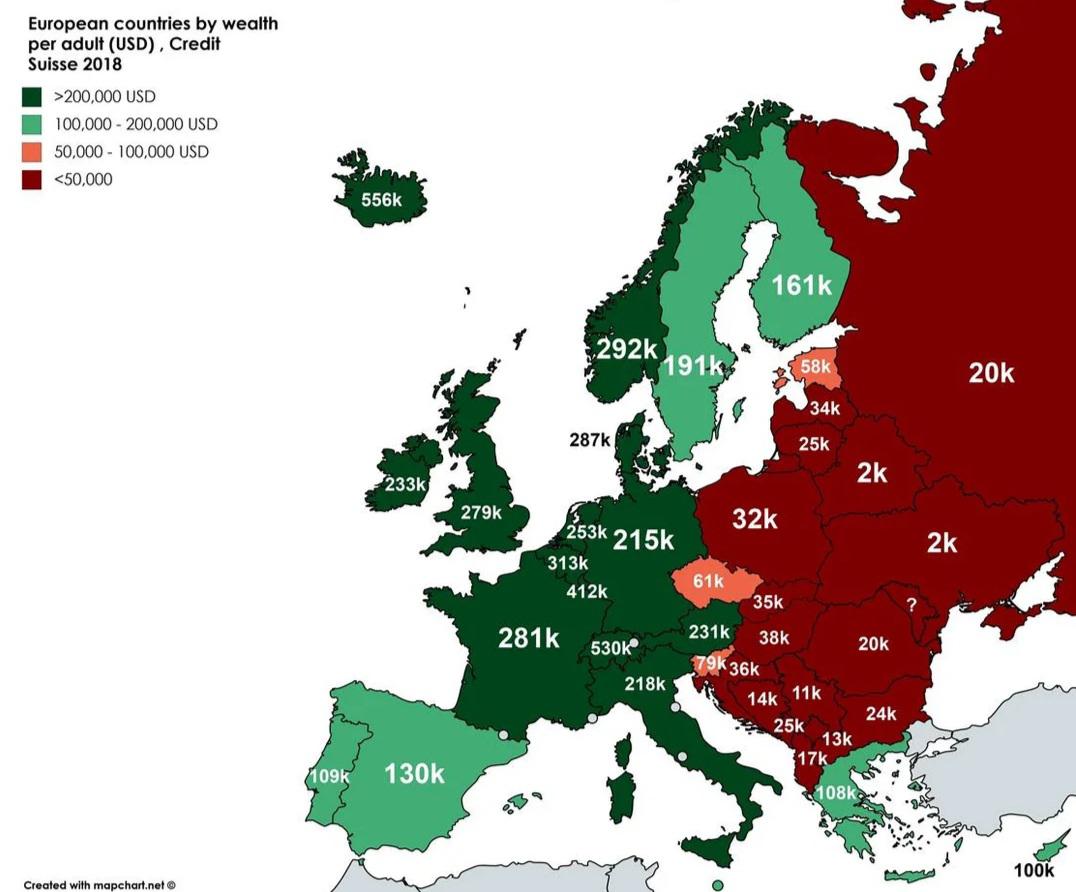 Kraje w Europie według zamożności na osobę (per capita), Credit Suisse, 2018