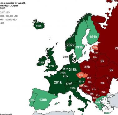 Kraje w Europie według zamożności na osobę (per capita), Credit Suisse, 2018