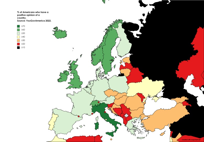 Które kraje europejskie Amerykanie lubią najbardziej?, źródło YouGov, 2022