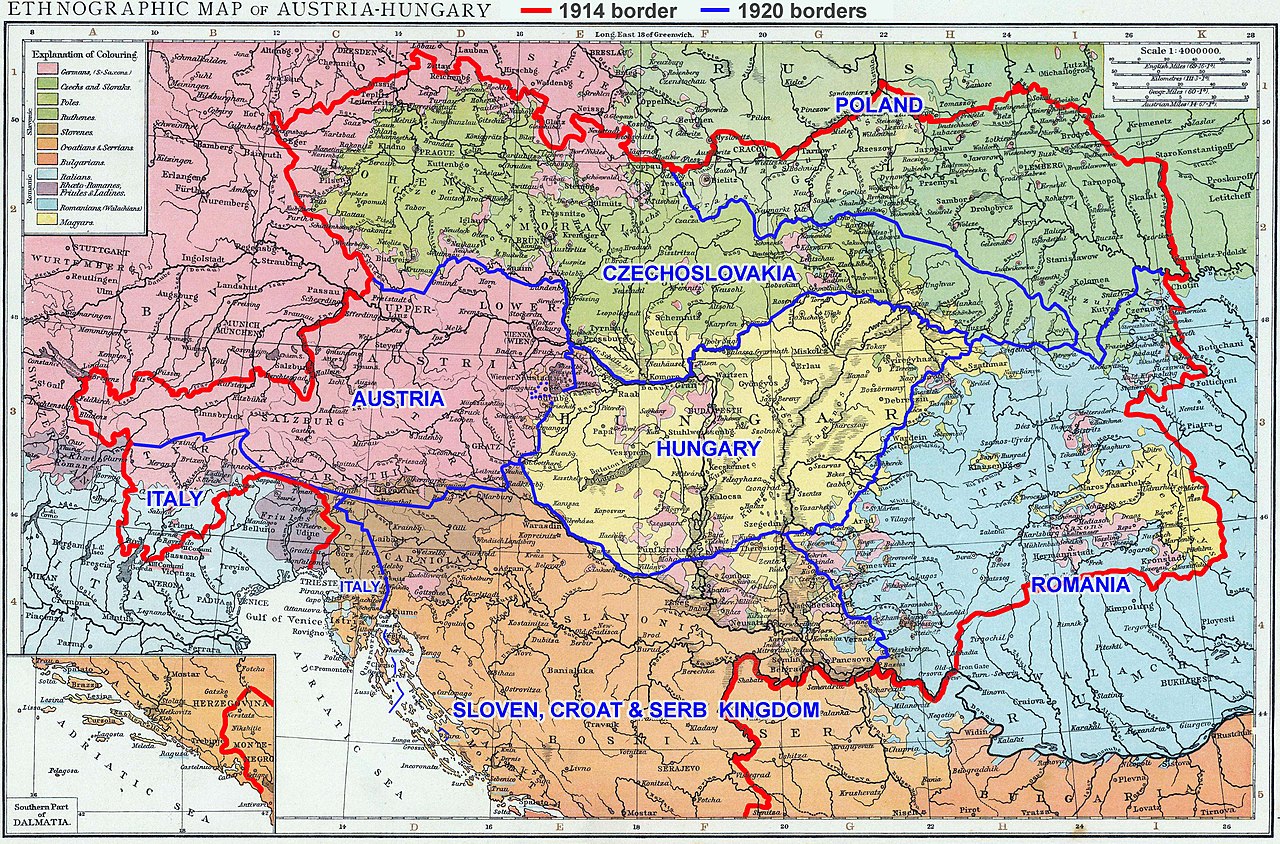 Mapa etnograficzna Austro-Węgier z naniesionymi granicami z 1914 i 1920 roku