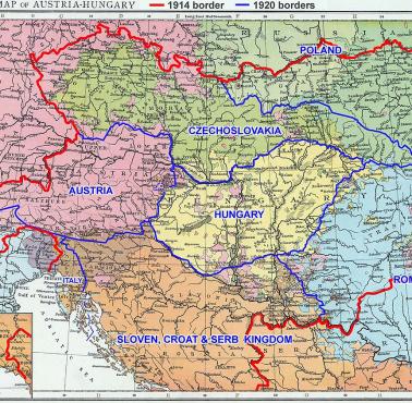 Mapa etnograficzna Austro-Węgier z naniesionymi granicami z 1914 i 1920 roku