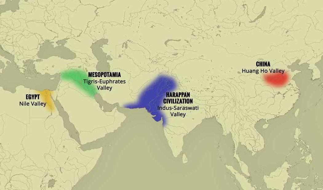 Pierwsze obszary, na których pojawiły się pierwsze, niezależne od siebie cywilizacje (wszystkie oparte o rzeki)