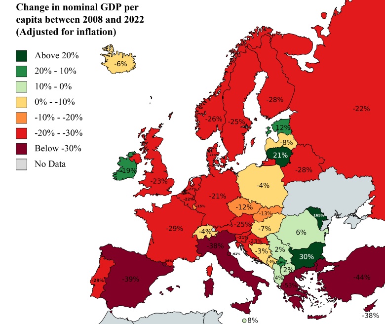 Zmiana nominalnego PKB per capita krajów europejskich w latach 2008-2022 (po korekcie o inflację)