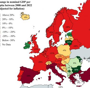 Zmiana nominalnego PKB per capita krajów europejskich w latach 2008-2022 (po korekcie o inflację)