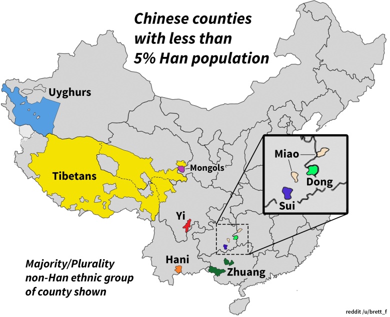 Chiny bez Chińczyków - chińskie powiaty z mniej niż 5% populacji Han