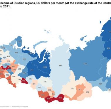 Mediana dochodów na mieszkańca regionów Rosji (w dolarach/miesięcznie), wg kursu Banku Centralnego Federacji Rosyjskiej, 2021