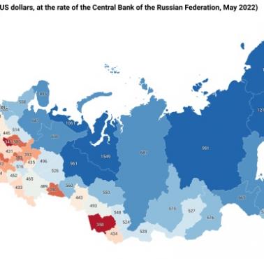 Średnia pensja w regionach Rosji (w dolarach, według kursu Banku Centralnego Federacji Rosyjskiej), maj 2022