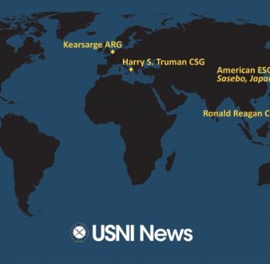 Rozmieszczenie floty wojennej USA (US Navy) w przeddzień agresji Rosji na Ukrainę (8/1/2022), wyraźnie widoczne priorytety