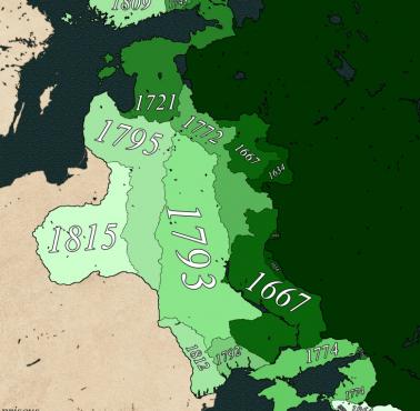 Chronologiczna mapa podboju Europy Wschodniej przez Rosję od końca okresu pokoju (1619) do przedednia I wojny światowej (1914)