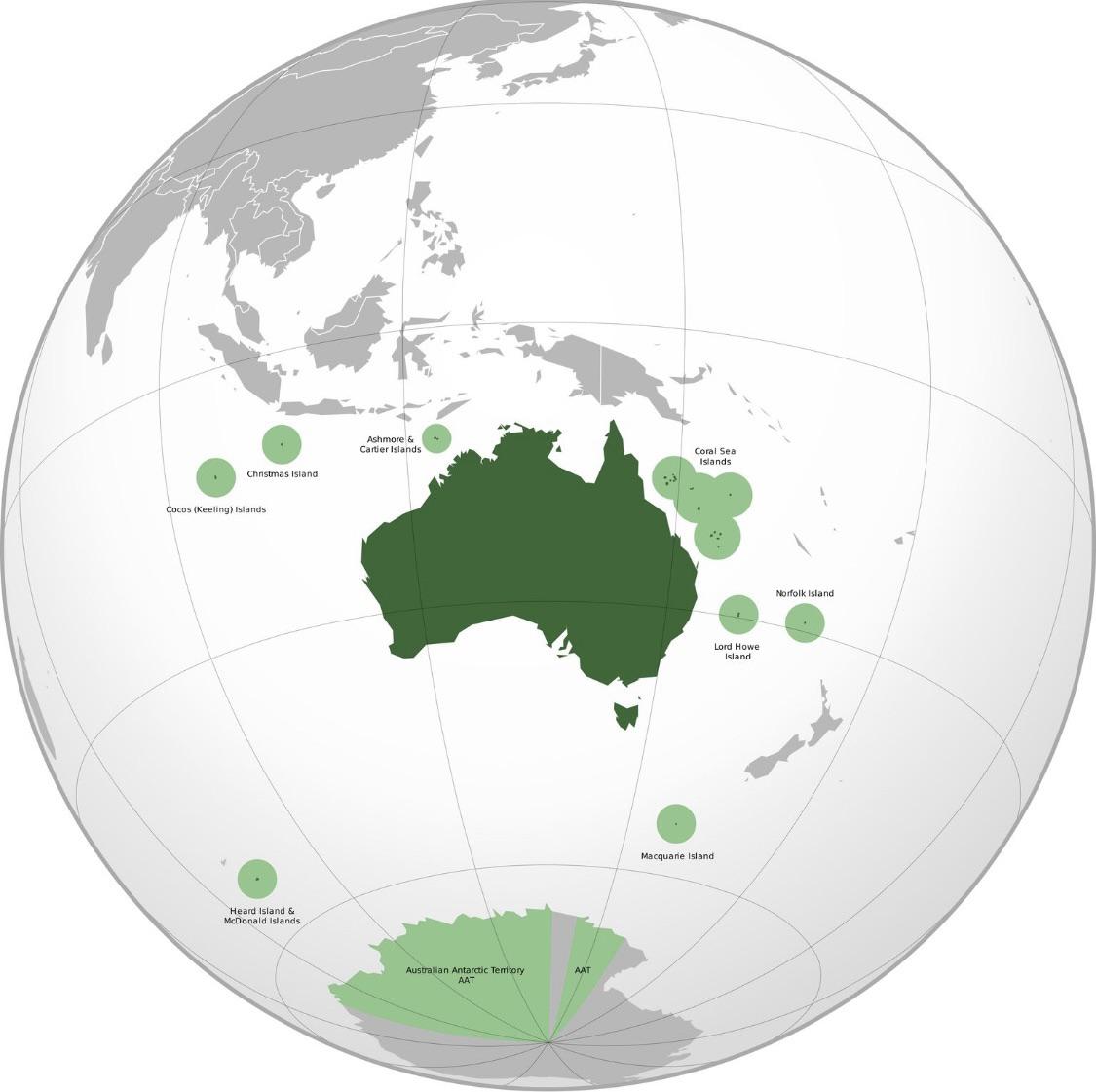 Mapa Australii z uwzględnieniem terytoriów zewnętrznych i roszczeń do Australijskiego Terytorium Antarktycznego