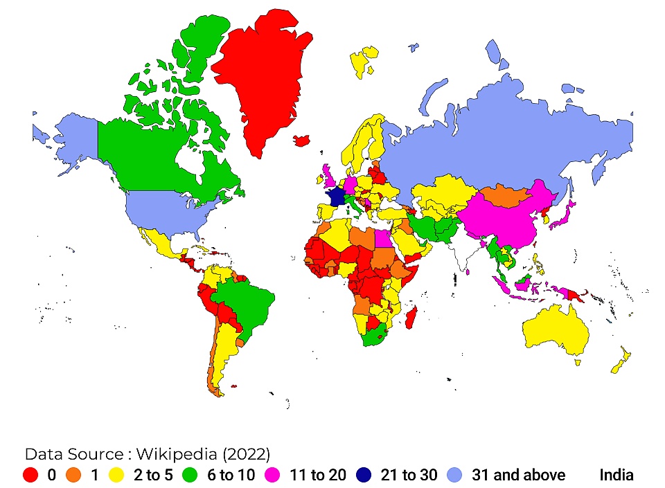 Geopolityka: Liczba wizyt premiera Indii w danym kraju (od uzyskania niepodległości w 1947 roku), 2022