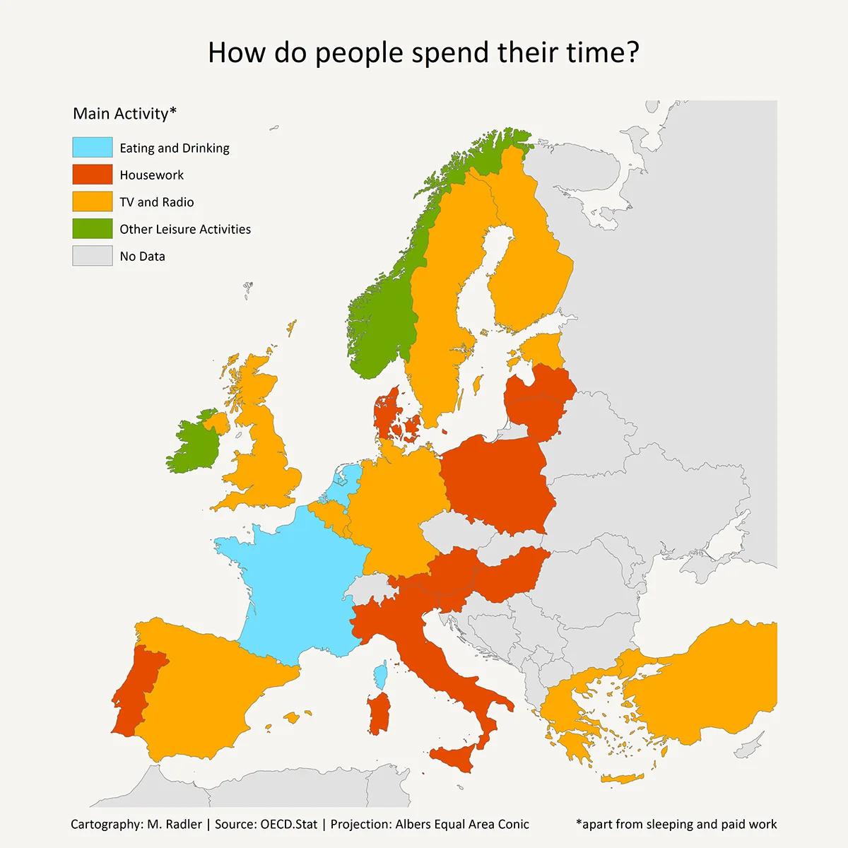 Jak ludzie spędzają czas w wybranych krajach Europy? (bez snu i pracy zarobkowej)