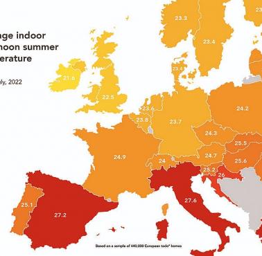 Średnia popołudniowa temperatura powietrza w Europie, 2022