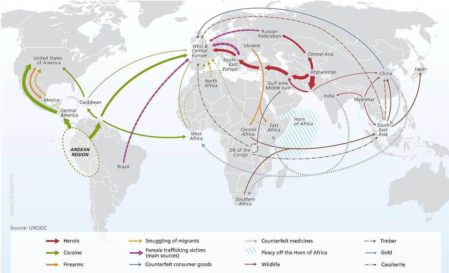 Jak nielegalne towary są przemieszczane na całym świecie (UNODC, 2010)