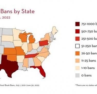 Cenzura w USA, zakazane książki  w latach 2021-2022 z podziałem na stany