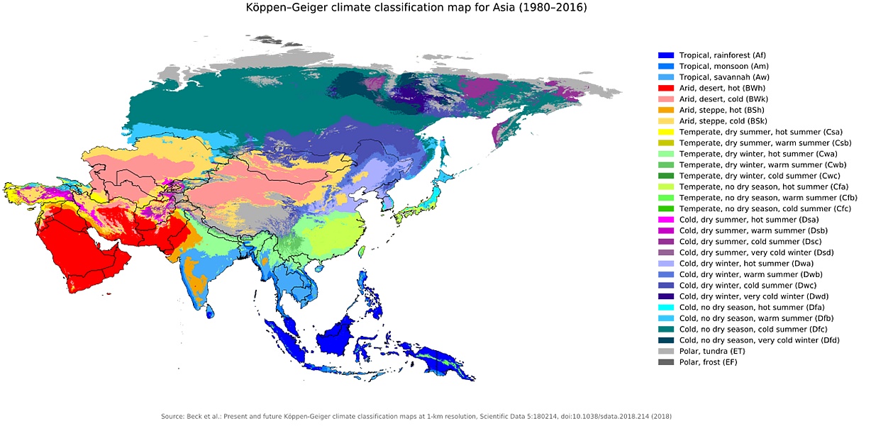 Mapa klimatyczna Azji, 1980-2016