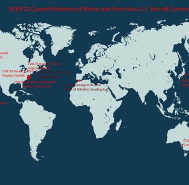Lokalizacje amerykańskich grup lotniskowców (grupy uderzeniowe) na dzień 30 września 2022 roku