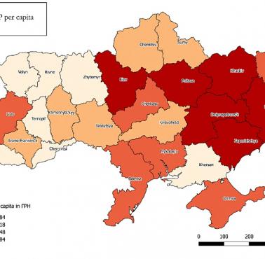 Regionalny PKB na mieszkańca w hrywnach 2011 na podstawie State Statistics Service of Ukraine, 2011.