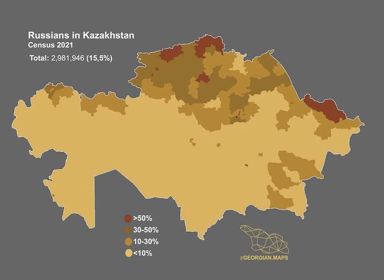 Stale topniejąca mniejszości rosyjska w Kazachstanie oraz obszary jej występowania, 2021