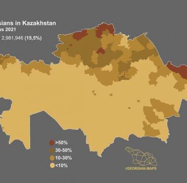 Stale topniejąca mniejszości rosyjska w Kazachstanie oraz obszary jej występowania, 2021