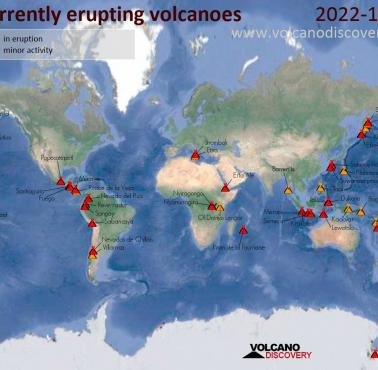 Mapa aktualnie wybuchających/czynnych wulkanów, październik 2022