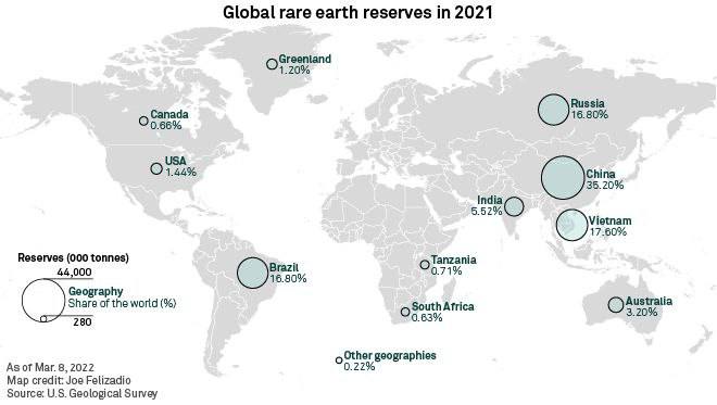 Zasoby metali ziem rzadkich na świecie wg stanu na 2021 r.
