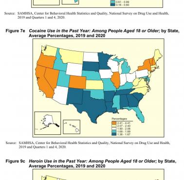 Używanie narkotyków w USA w ciągu ostatniego roku przez osoby w wieku 18 i więcej lat według stanu, średnie odsetki, 2019-2020