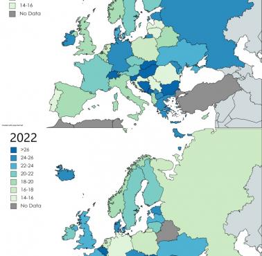 Średni wiek osób tracących dziewictwo w 2000 r. vs. 2022 r.