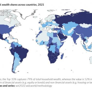 Nierówność dochodowa na świecie. Udziały najwyższych 10% w bogactwie w poszczególnych krajach w 2021 r., World Inequality Lab