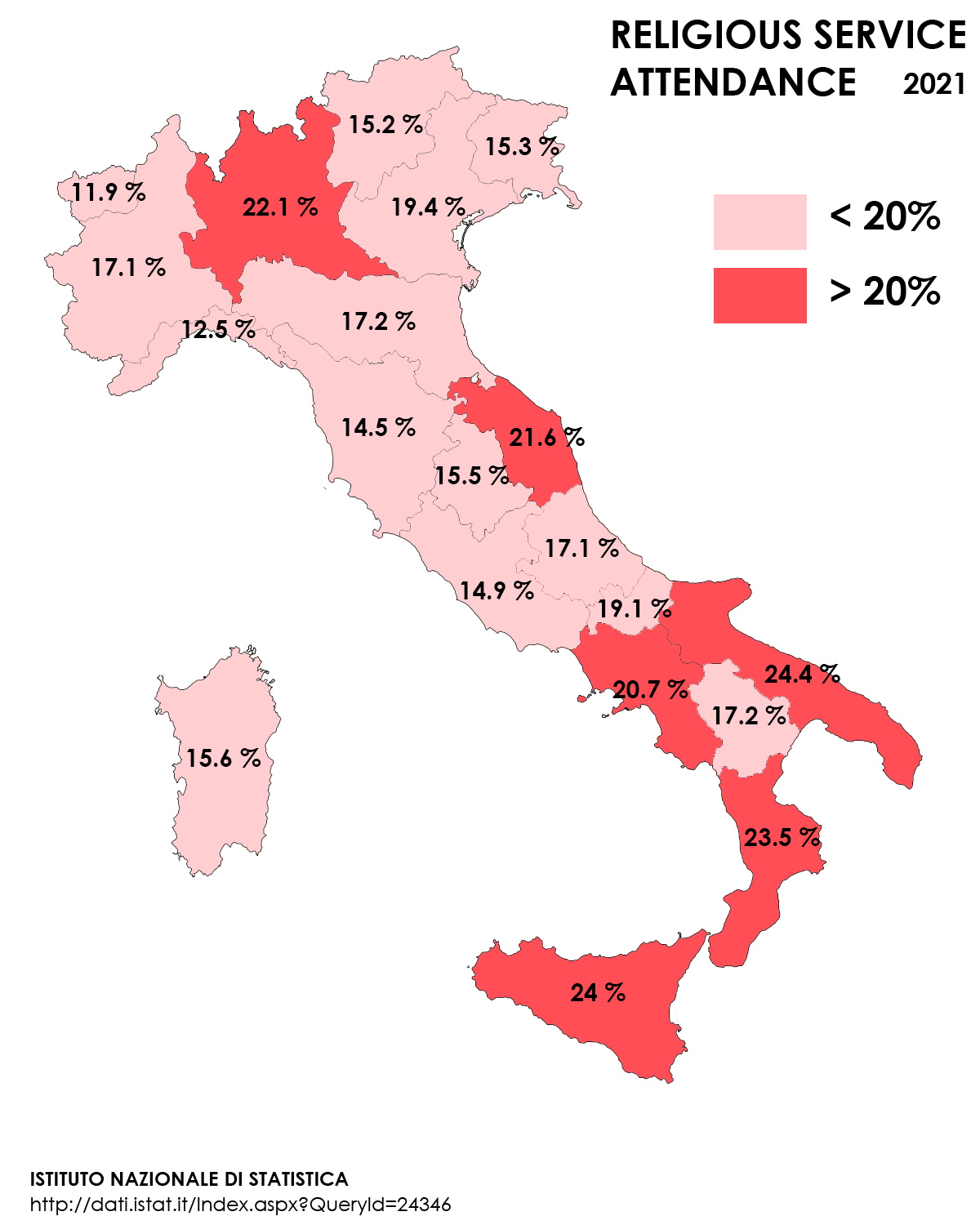 Uczestnictwo w nabożeństwach religijnych w regionach Włoch (Narodowy Spis Powszechny 2021)