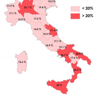 Uczestnictwo w nabożeństwach religijnych w regionach Włoch (Narodowy Spis Powszechny 2021)