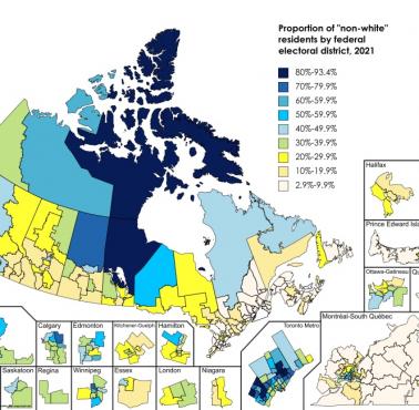 Ludność nie biała w Kanadzie według federalnego okręgu wyborczego, 2021