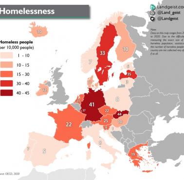 Odsetek bezdomnych na 10 tys. mieszkańców, Europa, 2020