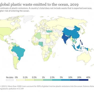 Udział globalnych odpadów plastikowych dostających się oceanów na całym świecie, 2019