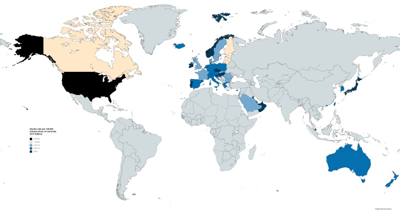 Zabójstwa na 100 tys. w krajach rozwiniętych (Global study on homicide 2019 Edition)