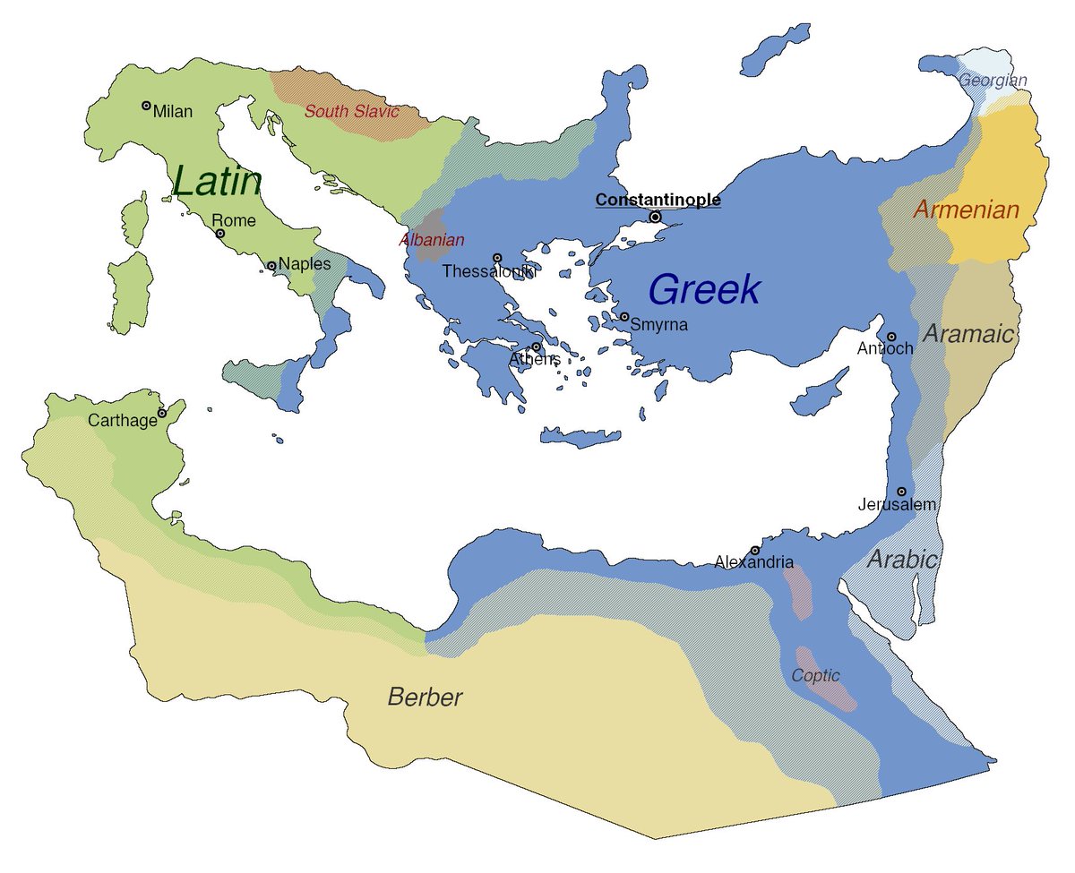 Mapa językowa (łacina, greka) basenu Morza Śródziemnego Cesarstwa Bizantyjskiego w 550 roku
