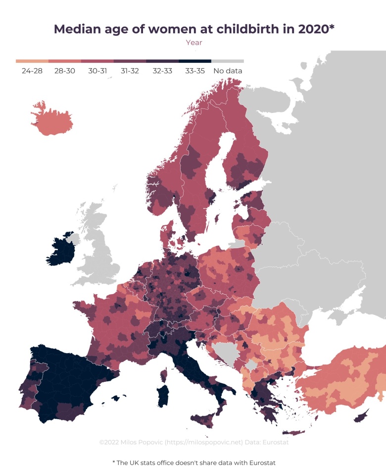 Mediana wieku kobiet (matek) podczas porodu w Europie, 2020