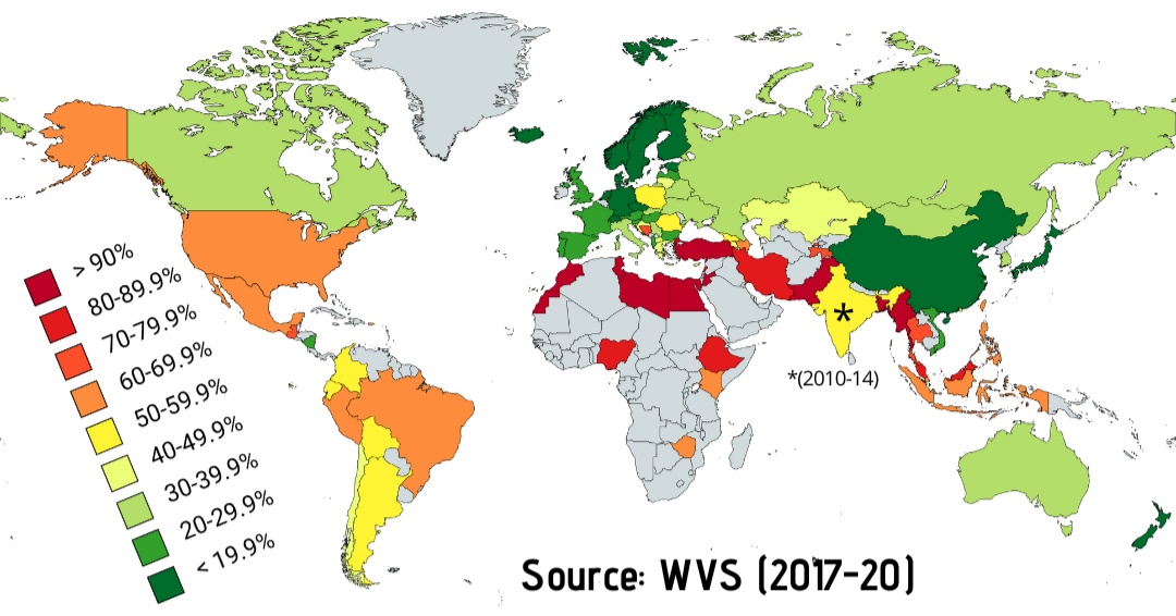 Odsetek osób wierzących w piekło w poszczególnych państwach świata, 2017-2020