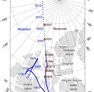 Przesunięcia północnego bieguna magnetycznego od 1590 roku