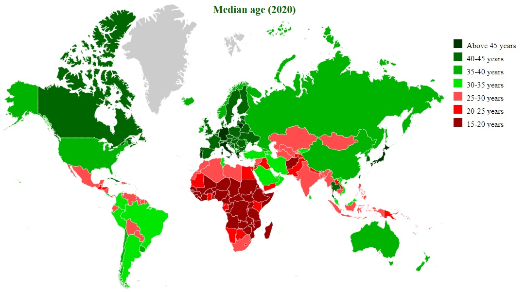 Mediana wieku dla każdego kraju, 2020